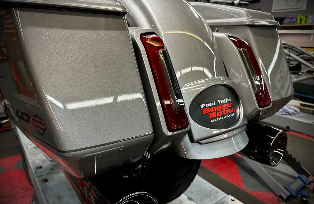 CUSTOM PAINTED LICENSE FRAME KIT WITH HIDDEN L.E.D. Fits 2023 CVO models (Dark Platinum | Whiskey Neat)